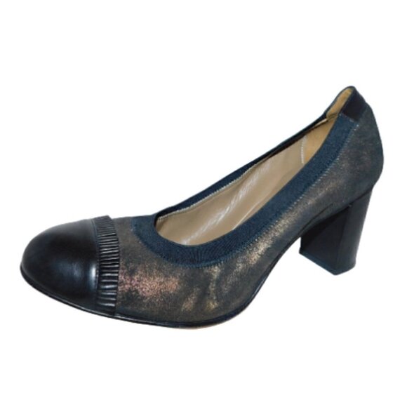 ANYI LU Black/Gold Metallic Stretch Pumps Pleated Cap Toe size 39.5 New - Picture 1 of 7